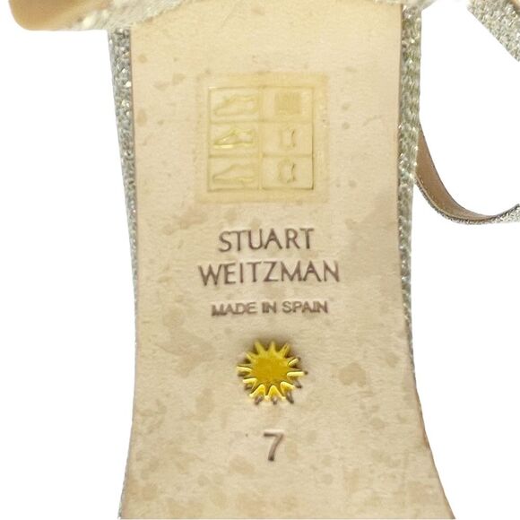 Stuart Weitzman Nudistcurve 75 Glitter Block Heel Sandals Platino Size 7 Wedding - Picture 14 of 16